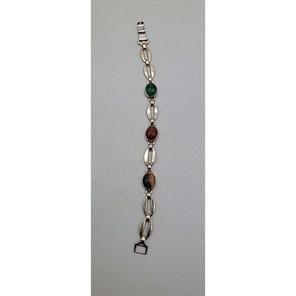 14k W. E. Richards Co. Symmetalic Sterling & Scarab Bracelet 6" Gemstones 1940s - Picture 9 of 15